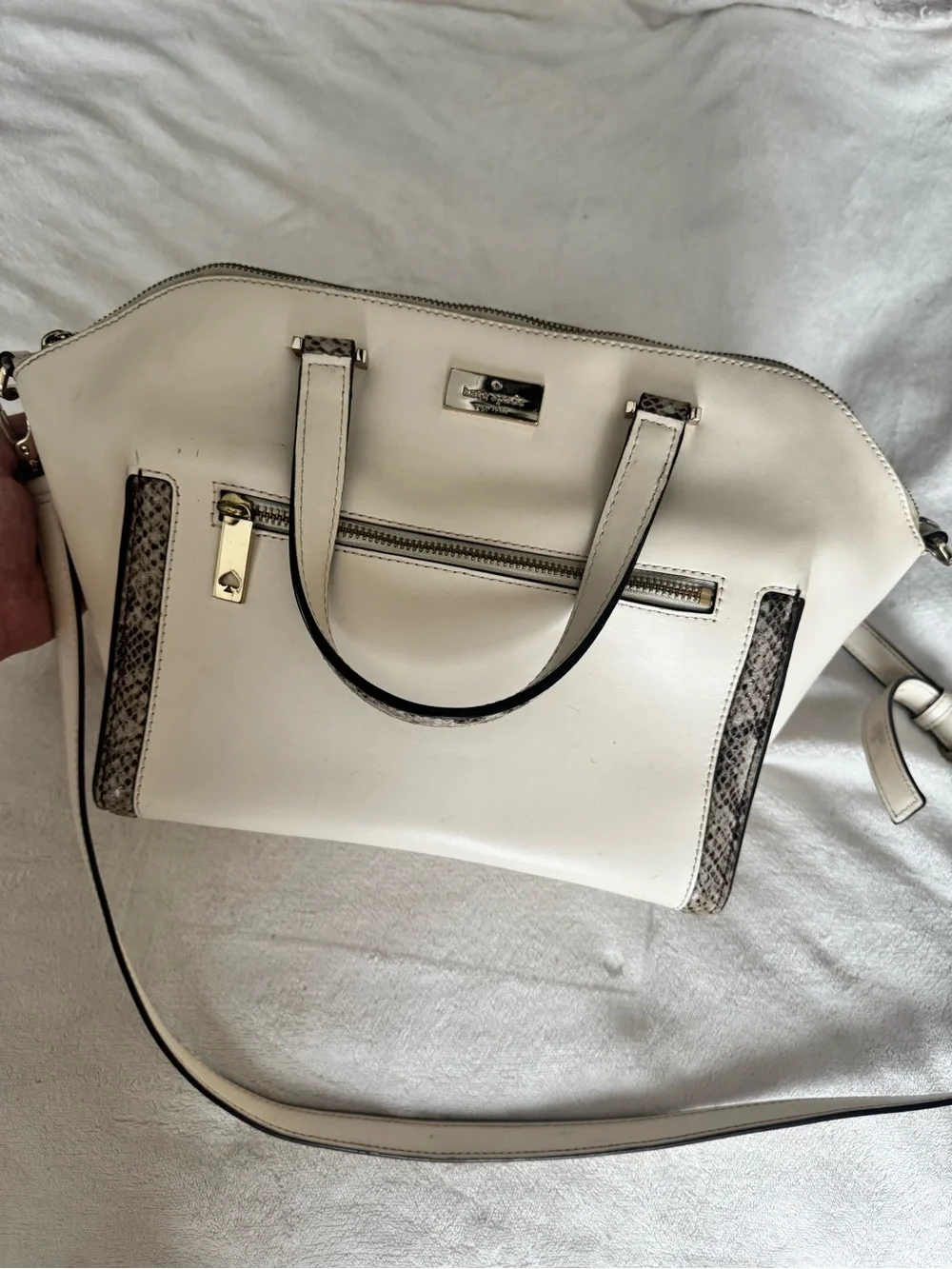 kate spade White Satchel with Snake-Trim Accents